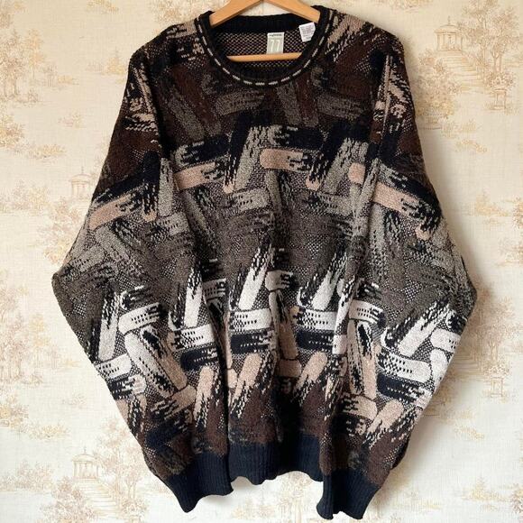 Vintage 90s Earth-Tone SweaterAlpaca Wool Blend Abstract KnitXXL